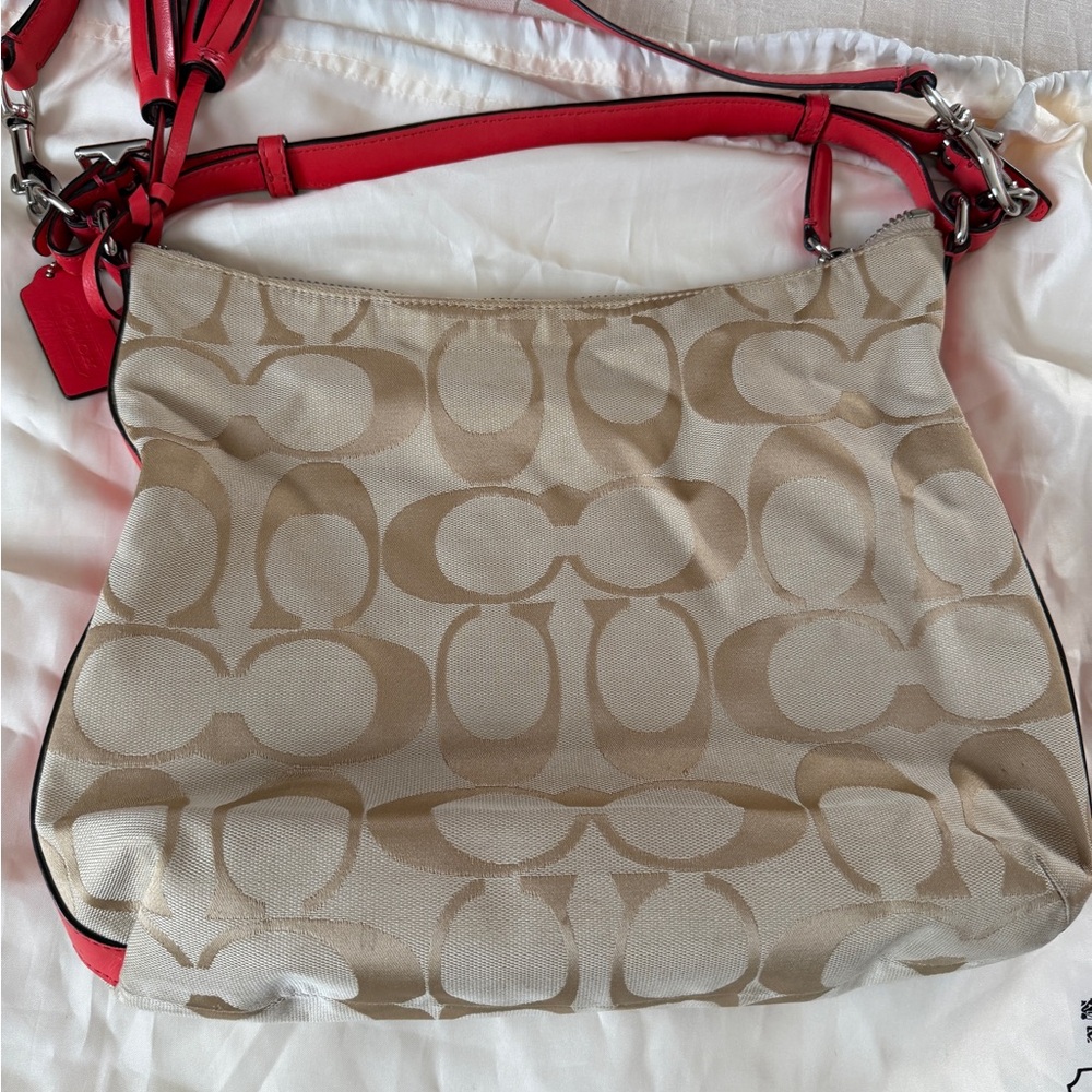 Coach Legacy Signature Khaki and Coral Hobo Bag style 22392 - Picture 6 of 13